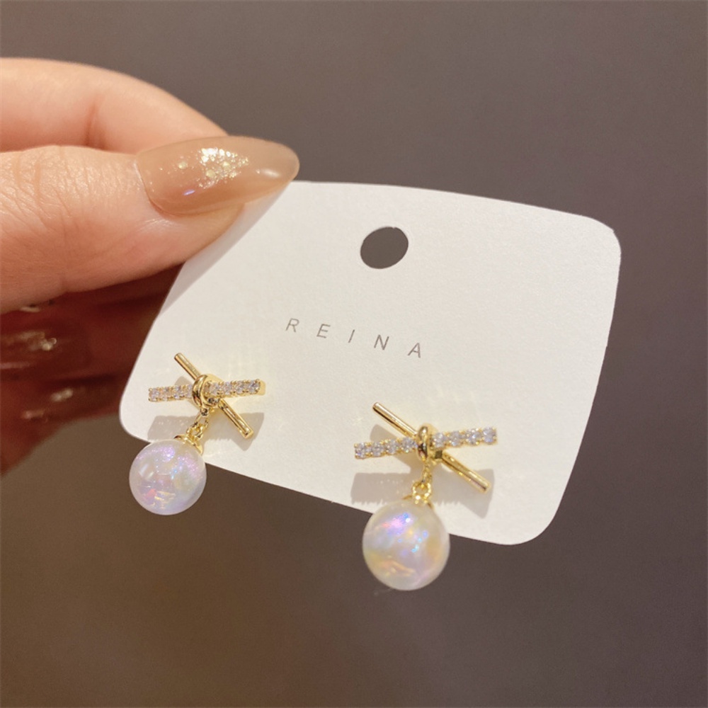 Anting Stud Desain Salib Aksen Mutiara Gaya Korea