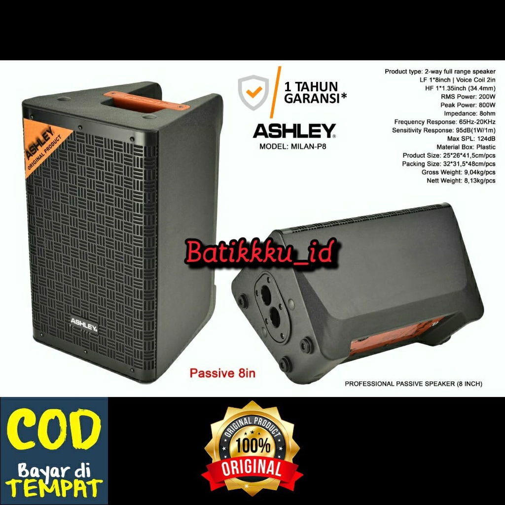 SPEAKER PASIF ASHLEY MILAN P8 P 8 ORIGINAL 8 INCH