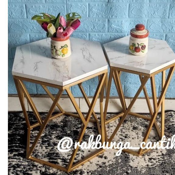 MEJA MINIMALIS RUANG TAMU BESI LAPIS HPL MARBLE