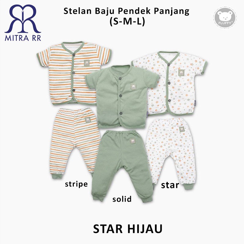 FLUFFY Stelan Baju Kancing Pendek Celana Panjang STAR S M L (3-12 bulan) Setelan Baju Bayi 3 Pasang