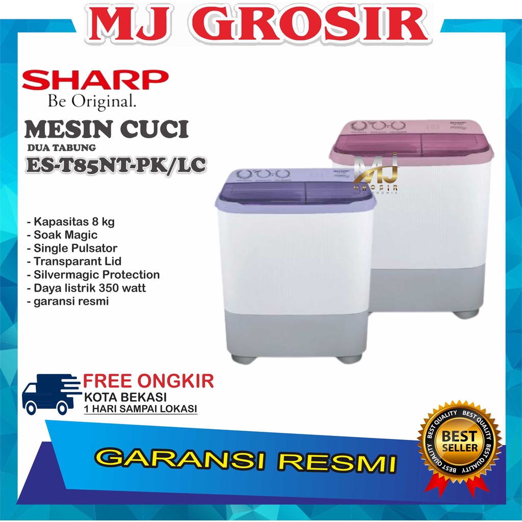MESIN CUCI SHARP EST 85 NT 8KG 2 TABUNG 85NT 8 KG PUREMAGIC LOW WATT