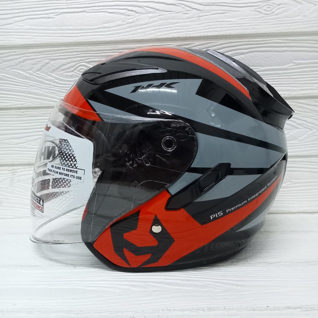HELM HALF FACE NHK R1 NHK R-1 MOTIF NEMA BLACK RED SILVER DOUBLE VISOR