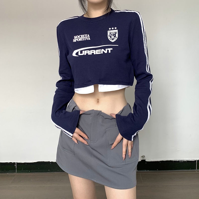 Gaya olahraga hot girl pendek palsu dua potong lengan panjang T-shirt musim gugur baru Amerika retro huruf cetak dipotong atas