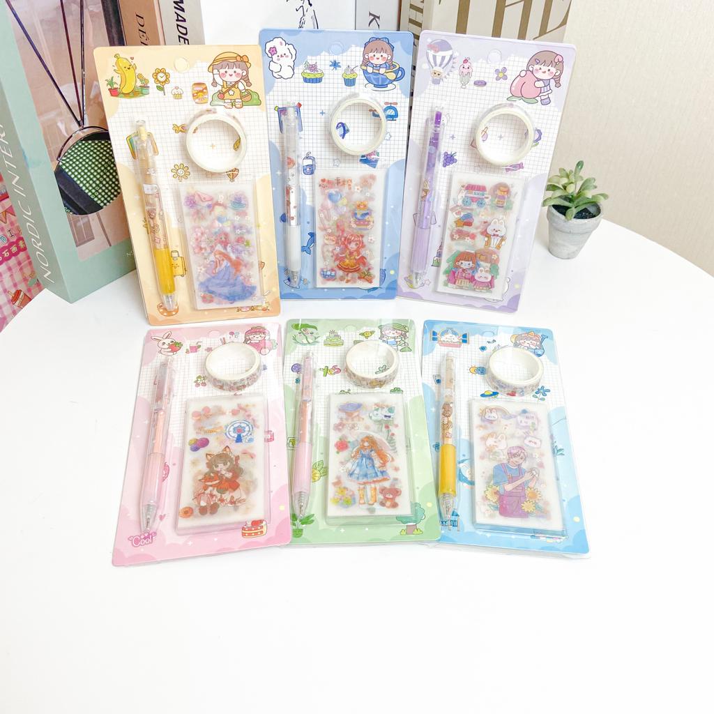 

PAKET STIKER LGL0314 / SET 3 IN 1 MECHANICAL CUTTER KNIFE + WASHI TAPE + STIKER LGL-O314 CUTE GIRL WARNA WARNI SOFT PASTEL WATERPROOF
