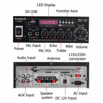 SU4 Ampli Karaoke Stereo Bluetooth 5.0 Dac Sunbuck Home Theater Stereo Amplifier 2 Channel +  Remote 2000 W Av-660bt Black By Pro