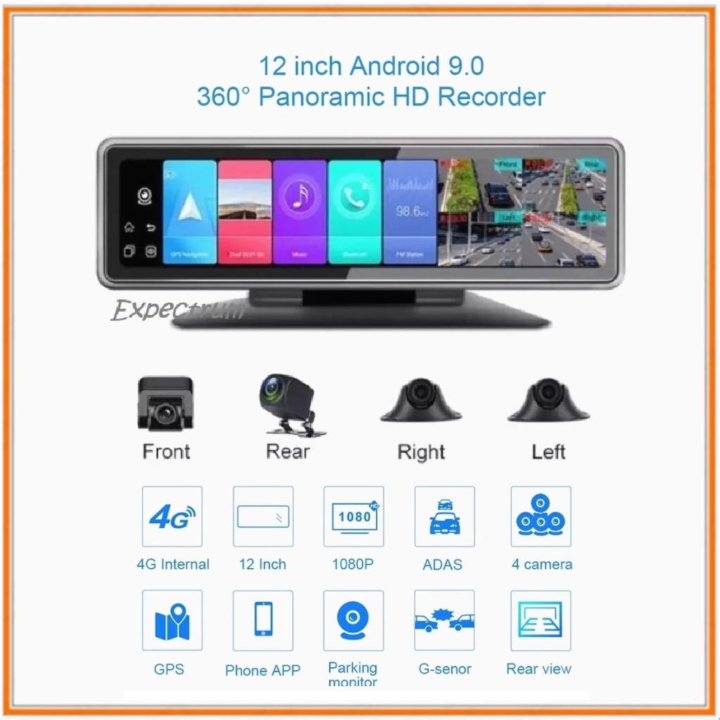 CAR DVR 12 Inchi Ondash, Android System, 4 Camera AHD, Layar IPS Touch Screen