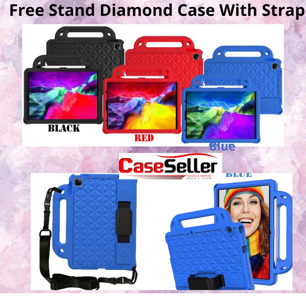 Samsung Galaxy Tab A7 Lite (T220/T225) 8.7 inch 2021 | T290/ T295/ 8 Inch | P610/ P615 Free Stand Diamond Shockproof Kids ThumbsStand Handle Plus Strap