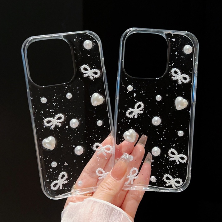 Case Transparan Desain Pita Mutiara Untuk IPhone 14 13 Pro Max 11 12 Pro Max X XS XsMax XR 13 12 Mini 14 Plus