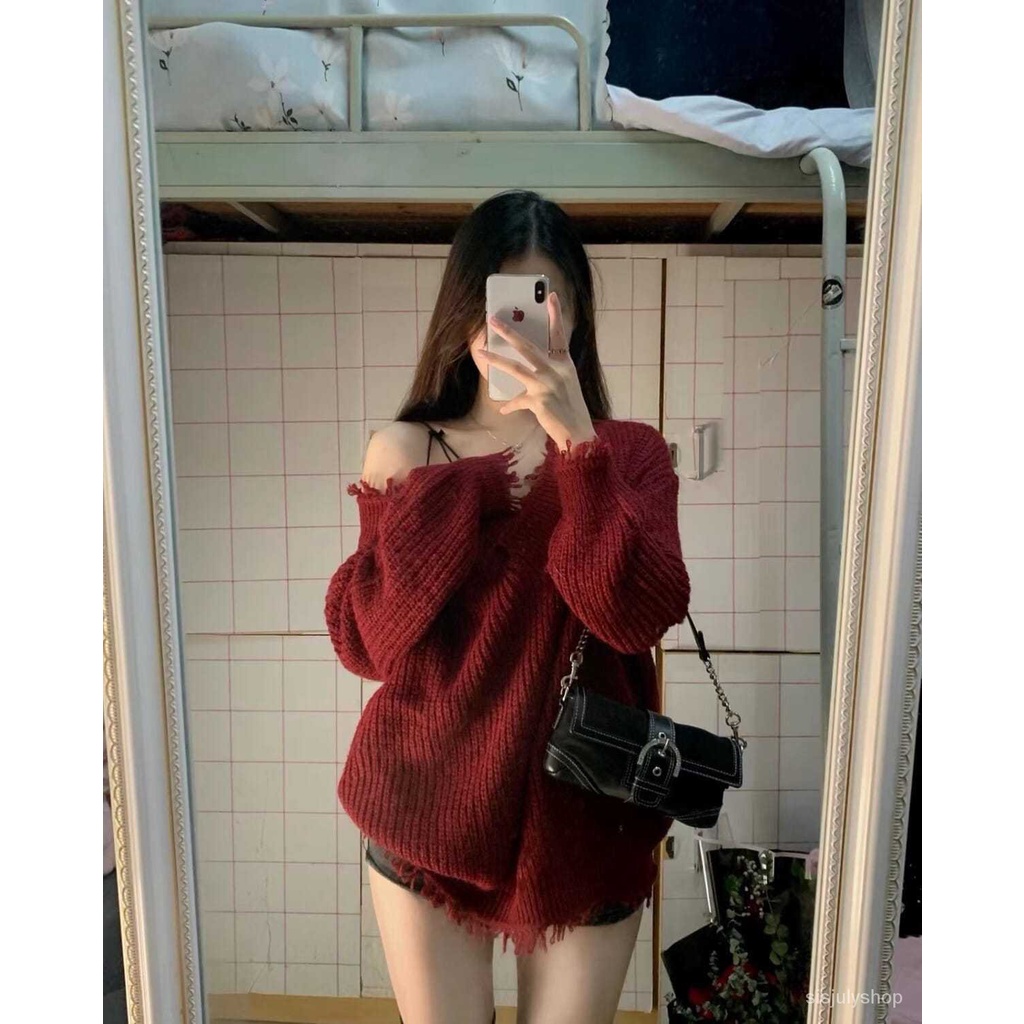 #Sisjuly# Sweater Merah Natal Wanita Atasan Tunik V-Neck Pullover Longgar