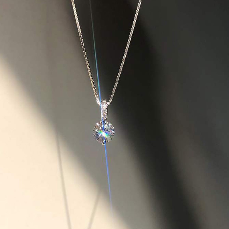 Roselife Kalung Choker Rantai Silver Minimalis Liontin Geometri Bulat Hias Kristal Zircon Untuk Wanita