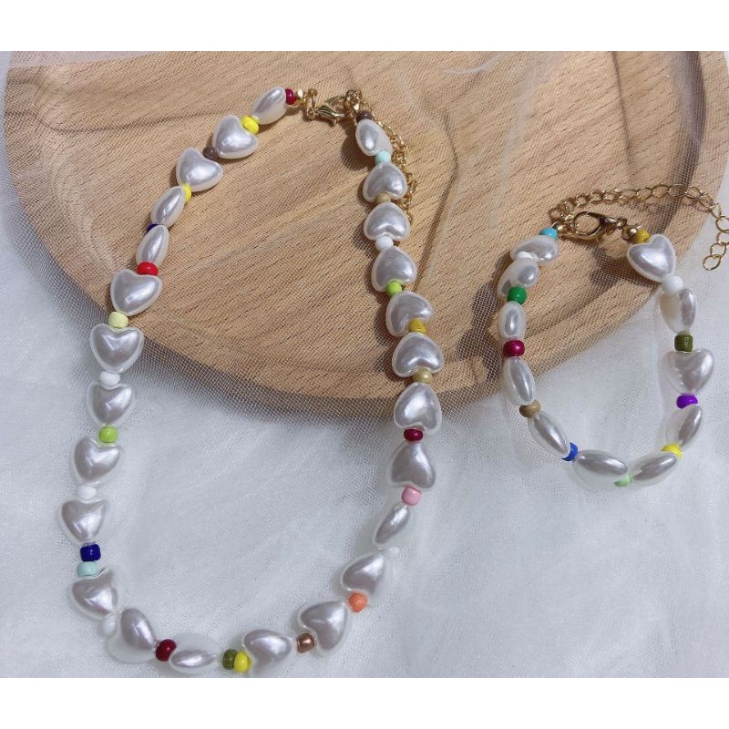 PROMO 12.12 Kalung Gelang Wanita Manik Mutiara Love Hati Warna Rainbow Fancy Import