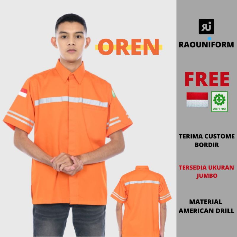 Wearpack tangan pendek murah/baju kerja tambang proyek pengeboran/kemeja kerja safety tambah bordir/seragam karyawan kantor pabrik custom bordir