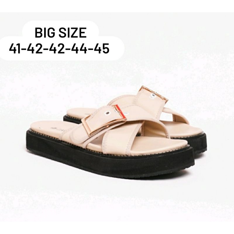 Original Sandal Wanita Kulit.399 BIG Size 41-42-43-44-45 Sendal Silang OVERSIZE Sandal Wedges 3cm Kaki Gemuk Kulit Asli Krem, 42