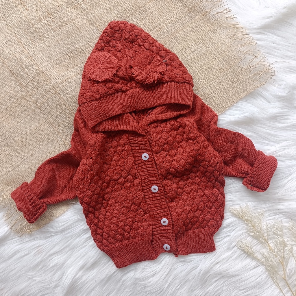 Jaket rajut hoodie pompom popcroon  3- 12 bulan / sweater rajut bayi / cardigan bayi