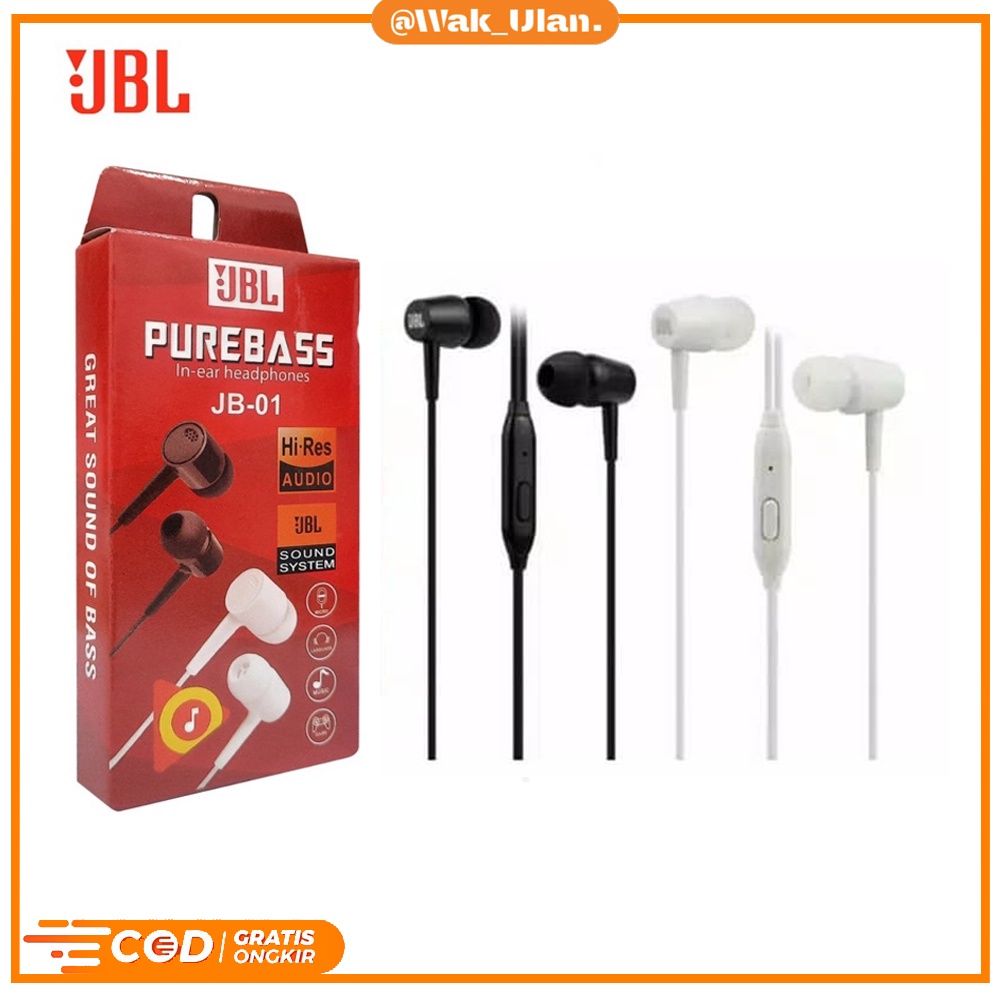 Headshet Earphone headset headfreeJBL JB01 Headset Purebass JB-01 Hitam Putih Hf music Audio Earphone