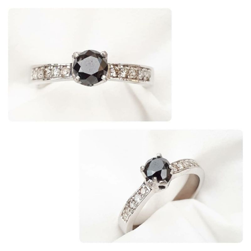 Cincin berlian asli wanita/Motif soliter/Center berlian hitam -+ 0.50 carat/Side berlian eropa/Free memo lab