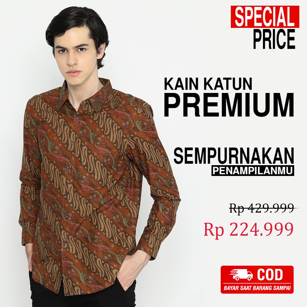 BAJU BATIK PRIA Kemeja Lengan Panjang Slimfit Premium Motif Parang Warna Orange Oranye 723599 Cap 72 - Baju Kemeja Atasan Pakaian Setelan Batik Pria Cowok Laki Laki Remaja Keluarga Kantor Lengan Panjang Modern Slimfit Slim Fit Premium Kekinian