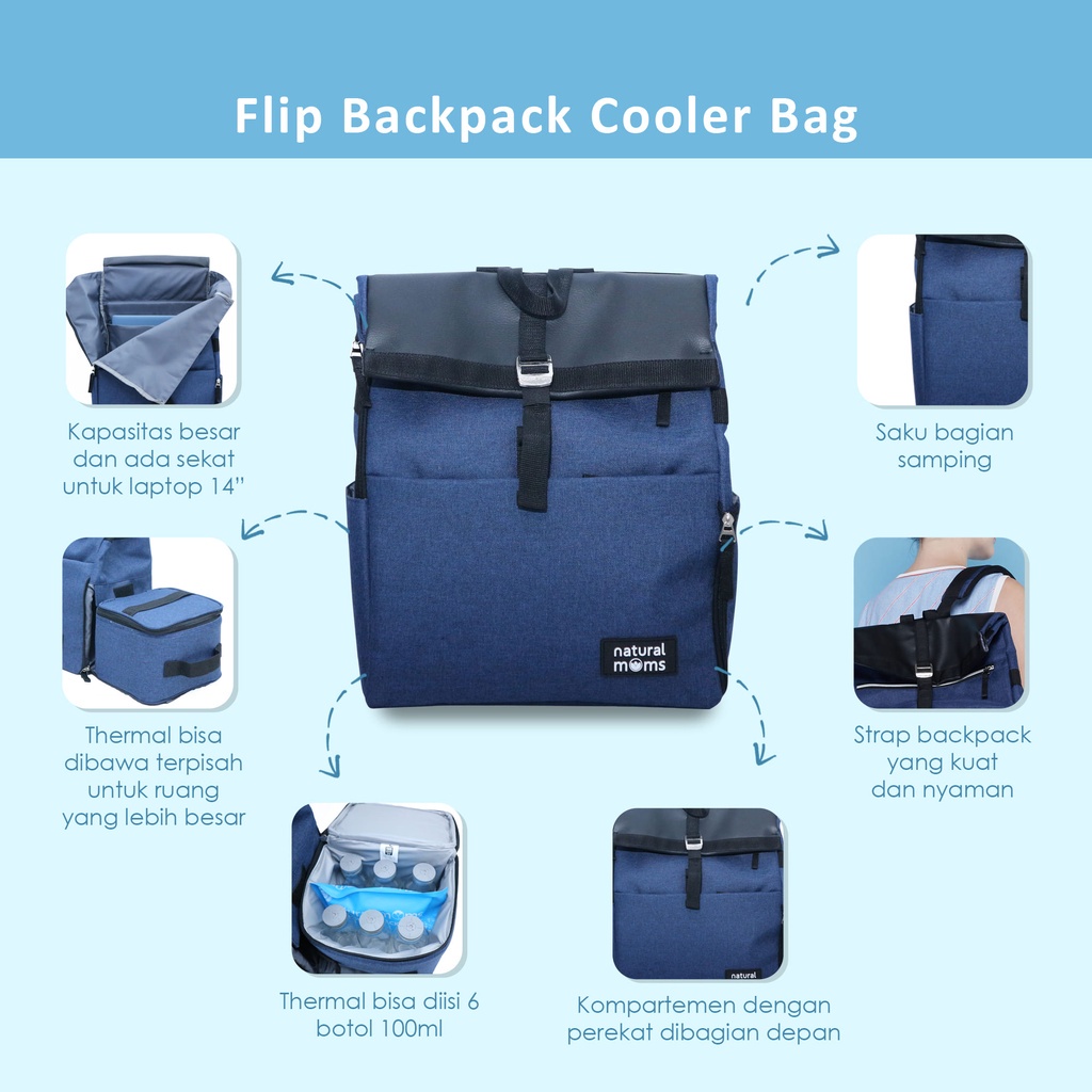 NATURAL MOMS COOLER BAG BACKPACK FLIP BLUE