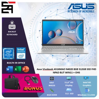 Asus Vivobook A516MAO N4020 8GB 512GB SSD FHD W11+OHS NPAD BLIT