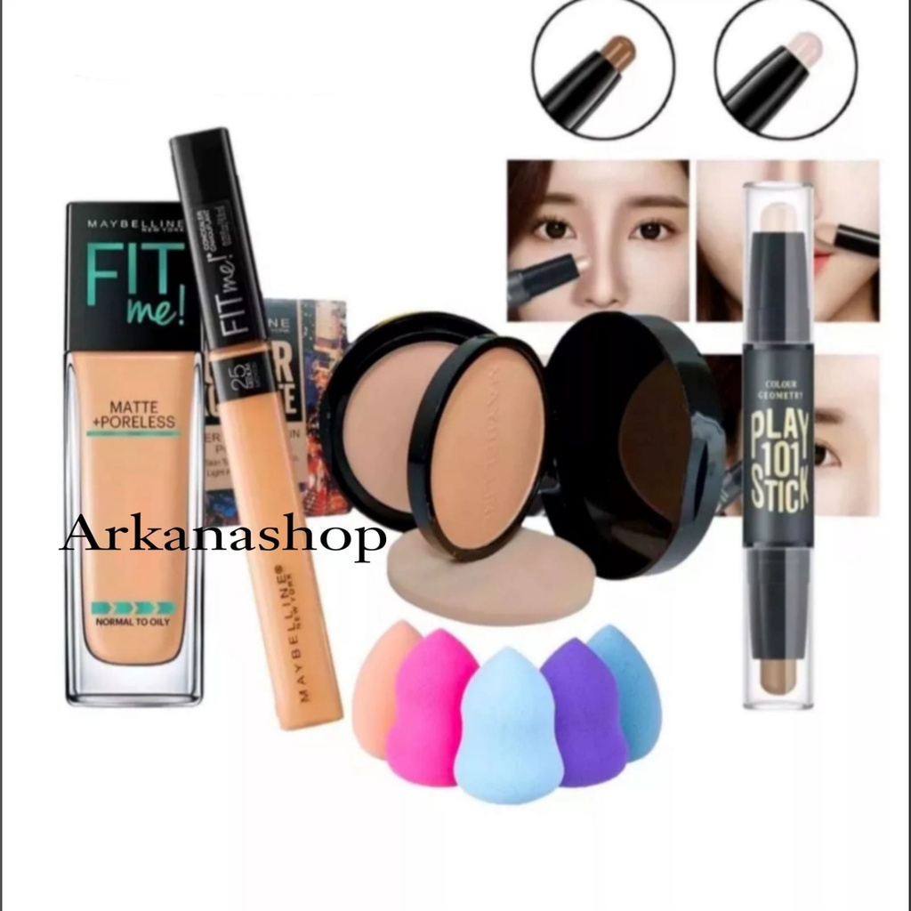 ( PROMO HEMAT ) Paket Kosmetik Maybelline / Paket Make Up Maybelline 1 Paket 5 In 1 - Foundation + Bedak 2in1 Bedak Padat &amp; Bedak Basah + Concealer + Stick Contour + Spon MakeUp