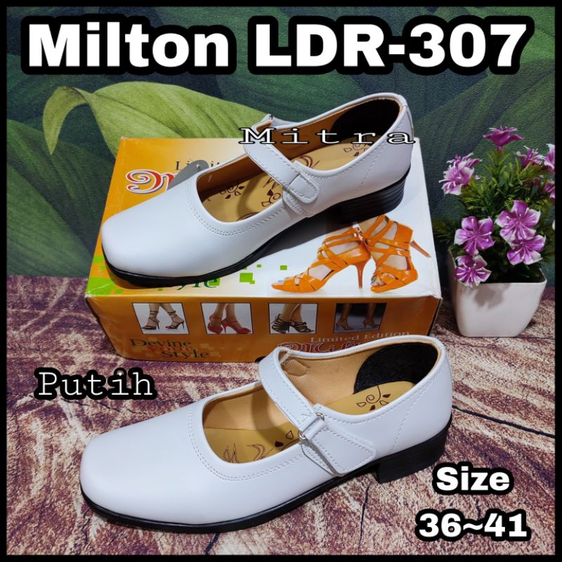 Sepatu Pantofel Cewek Kerja Kantor Sekolah Paskibra Putih Polos Milton LDR Heels Hak Tinggi 3 Cm Ori