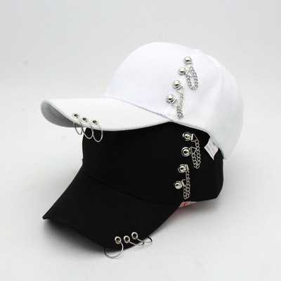 Topi Baseball Hip Hop Adjustable Dengan Cincin Besi + Rantai Metal