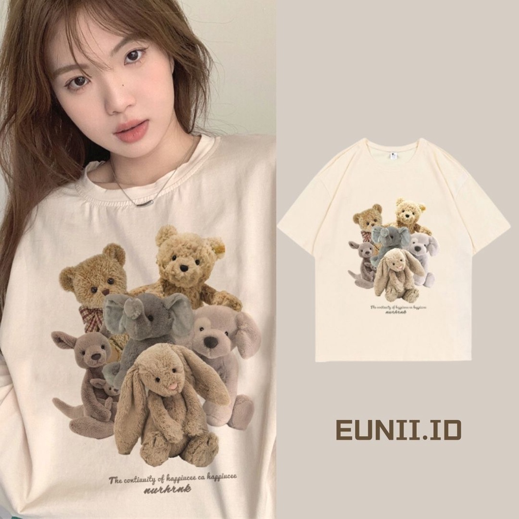 EUNII T-shirt Lengan Pendek Plush Bear Korean Style/Kaos Atasan Wanita/Baju Kaus Oversize Wanita/Kaos Wanita