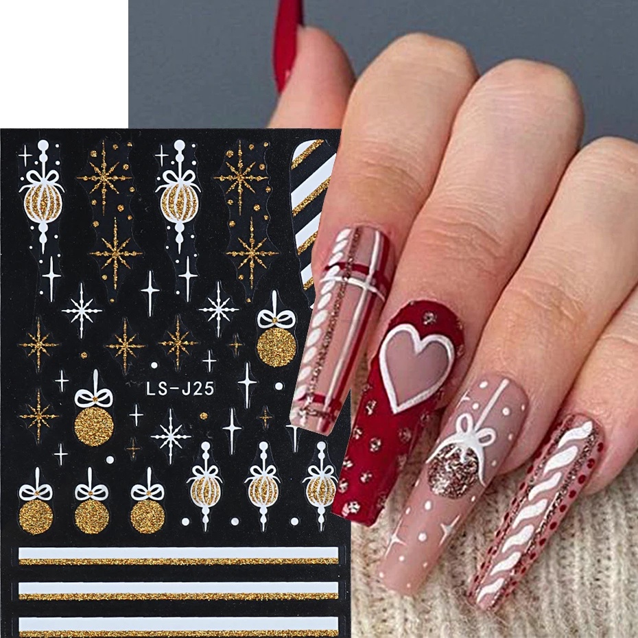 1 Pc Stiker Kuku 3D Warna Emas Perak Motif Kepingan Salju Rusa Lonceng Natal Untuk Dekorasi Manicure