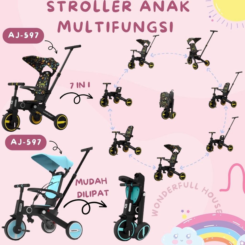 Stroller Bayi Lipat Multifungsi 7 In 1 Sepeda Anak Folding Stroler Lipat 3 Roda