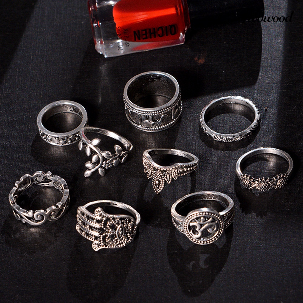 9 Pcs Cincin Knuckle Model Ukir Bunga Matahari Hamsa Hand of Fatima Hollow Gaya Retro Untuk Wanita