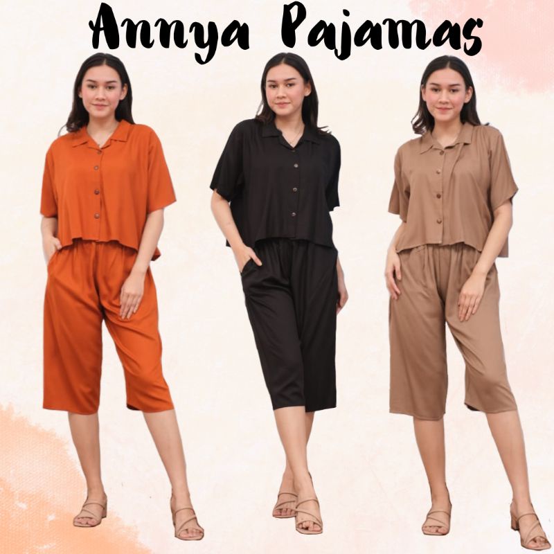 Annya Baju Tidur Piyama Wanita Crop Top Setelan Celana 7/8 Katun Rayon Twill