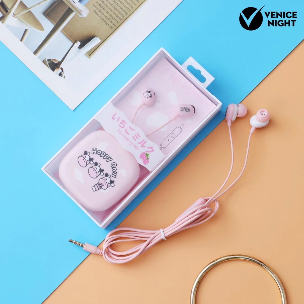 (VNEP) (Berkabel) Earphone Pengurang Kebisingan Universal Lucu 3.5mm Pola Kartun Sapi In-ear Earphone dengan Kotak Penyimpanan untuk Gadis