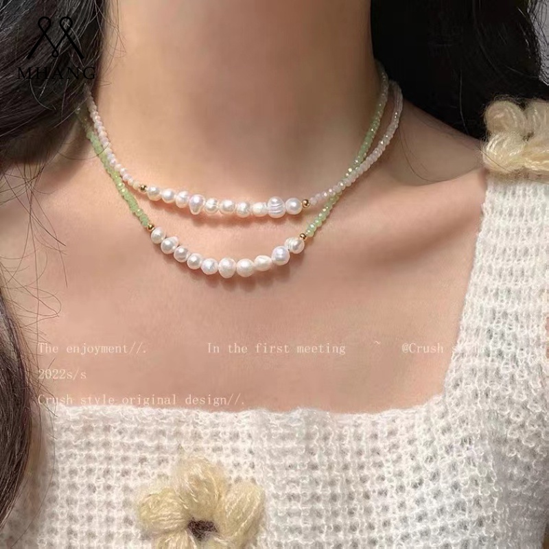 Kalung Rantai Klavikula Hias Manik-Manik Mutiara Warna Hijau Gaya Retro Korea Untuk Wanita