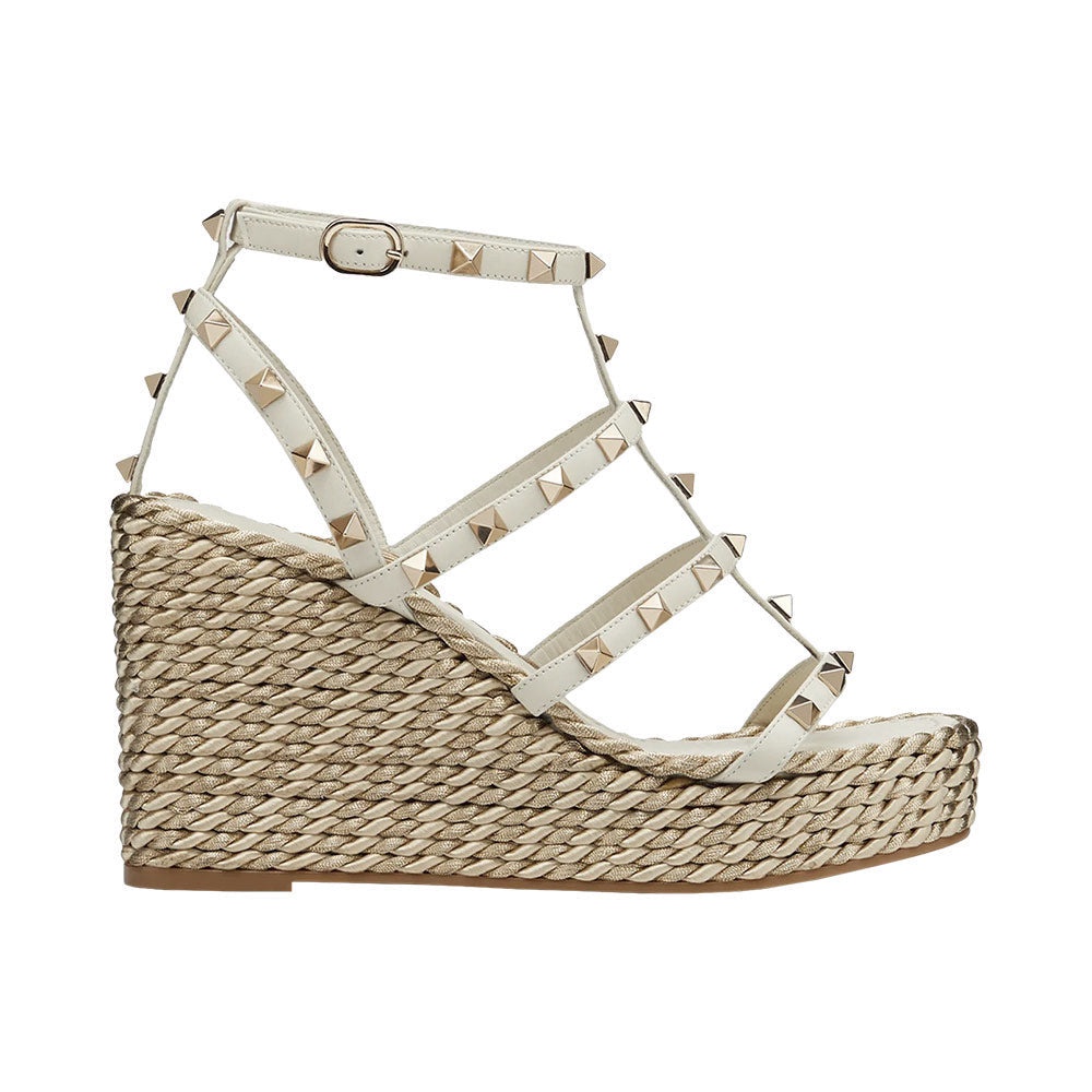 VLTN Garavani Rockstud Strap Wedge Sandal 9.5cm Calf Light Ivory