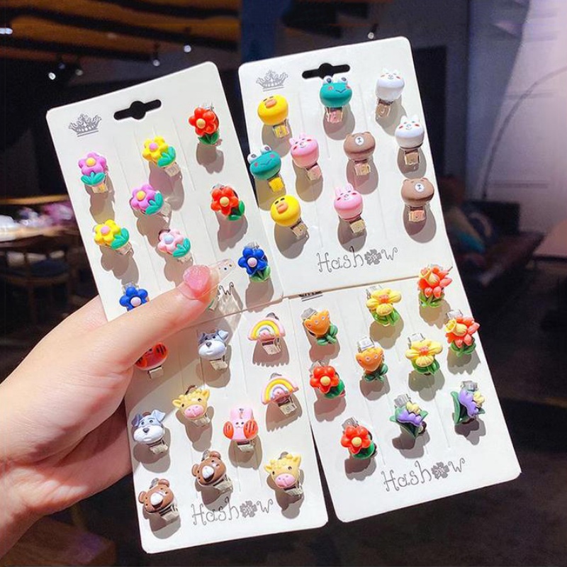 10pcs / Set Anting Klip Tanpa Tindik Desain Kartun Bunga Buah Hewan Bahan Akrilik Gaya Korea Untuk Anak Perempuan