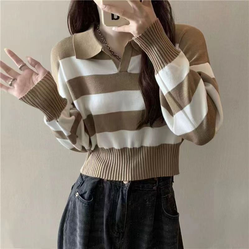 YIU YIU Rajut - Kaos Wanita Jumbo Rajut Lengan Panjang Stripe Casual Top