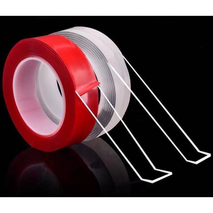 DOUBLE TAPE BENING 8MM*3M PEREKAT 0.8CM CLEAR TRANSPARAN DOBEL TIP - KULIT MERAH