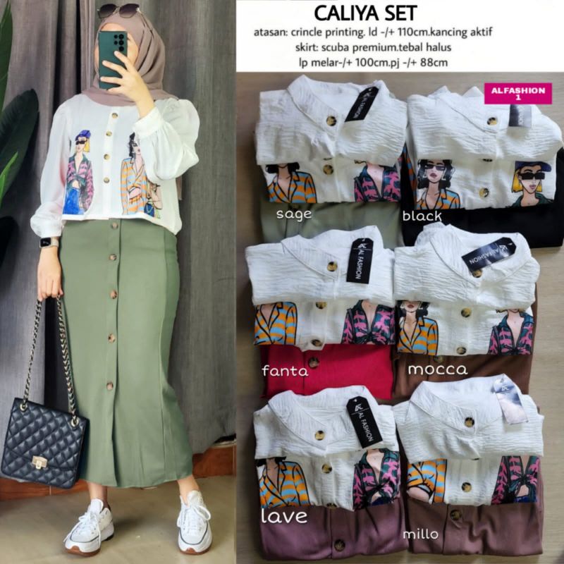 CALIYA SET BY ALFASHION ONESET KEMEJA CRINCLE VAR PRINTING LD 110 + SKIRT SCUBA PREMIUM TEBAL HALUS 