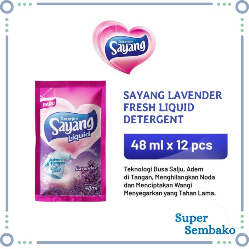 SABUN CUCI BAJU DETERGEN DETERJEN CAIR SAYANG WANGI LAVENDER 48ml RENCENG ISI 6 SACHET MURAH