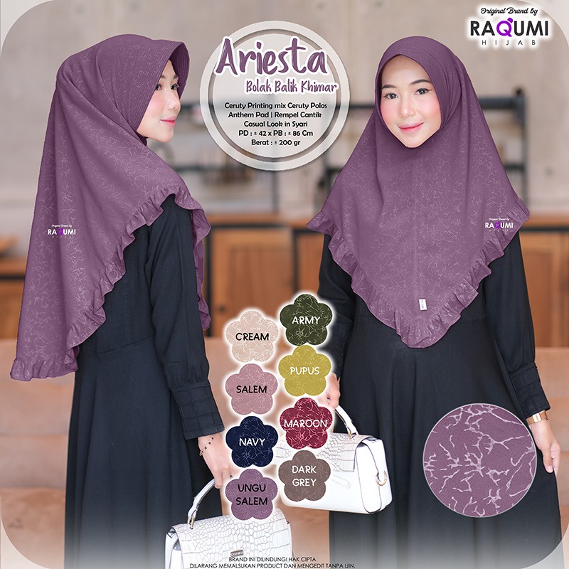 Ariesta Bolak Balik Khimar Berlabel ORI Raqumi Hijab Bahan Ceruty Print Mix Ceurty Polos Aplikasi Re