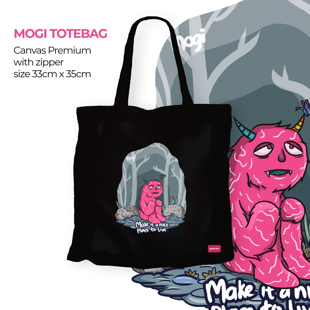 TERBARU Totebag Monster Mogi Official Gamons / Totebag Hitam Resleting / Totebag Canvas Premium