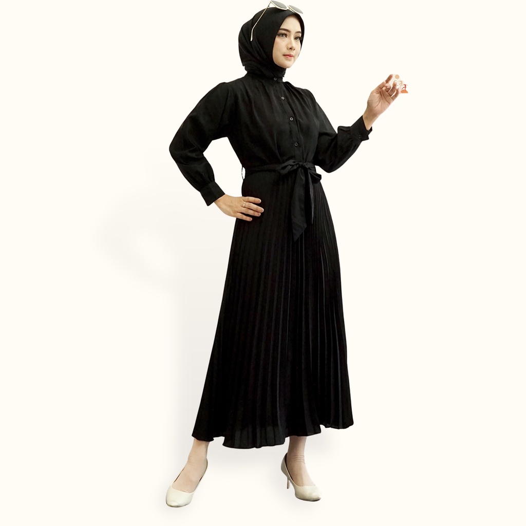 Long Dress gamis muslim maxi ploi plisket lengan panjang wanita - XSHOP Peacce