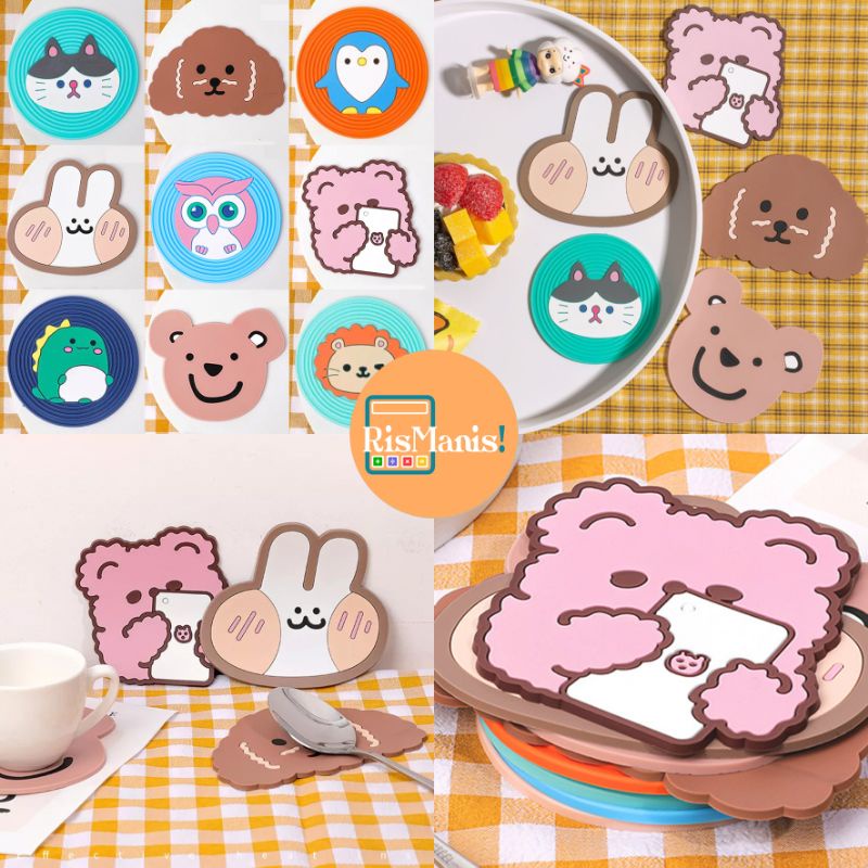 CUTE CARTOON COASTER - Tatakan Gelas Lucu Aneka Warna Karakter Kartun Alas Cangkir Mug Mangkok Alat Makan Silicone Premium Anti Slip Silikon Food Grade Cempal Tahan Panas