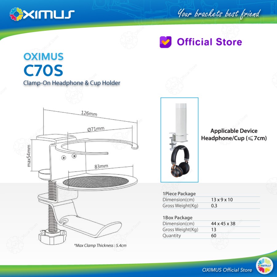 Deskmount Jepit MejaOXIMUS C70S Clamp On Headphone / Cup Holder