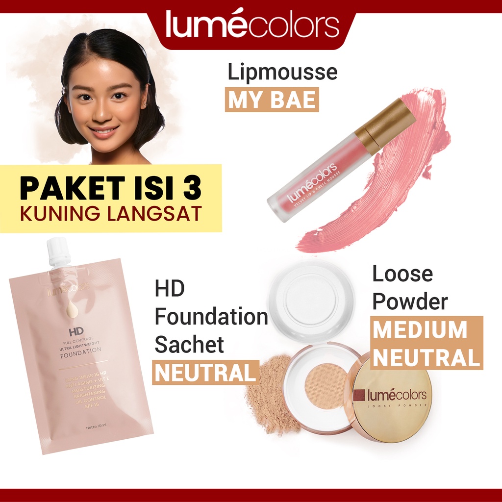 (Free Emas 24K) Lumecolors Paket Bundling 3in1 Simple Base Loose Powder + Sachet Foundation 10ml + Lipmousse