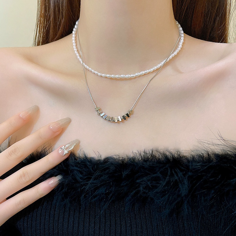 Kalung Choker Bahan Titanium steel double layer Aksen Mutiara Untuk Wanita