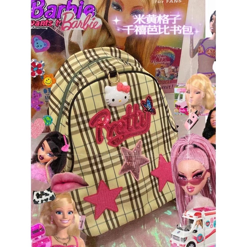 Sera kaka homemade y2k sweet hot girl star kitty cat KT student backpack classic plaid casual small schoolbag female