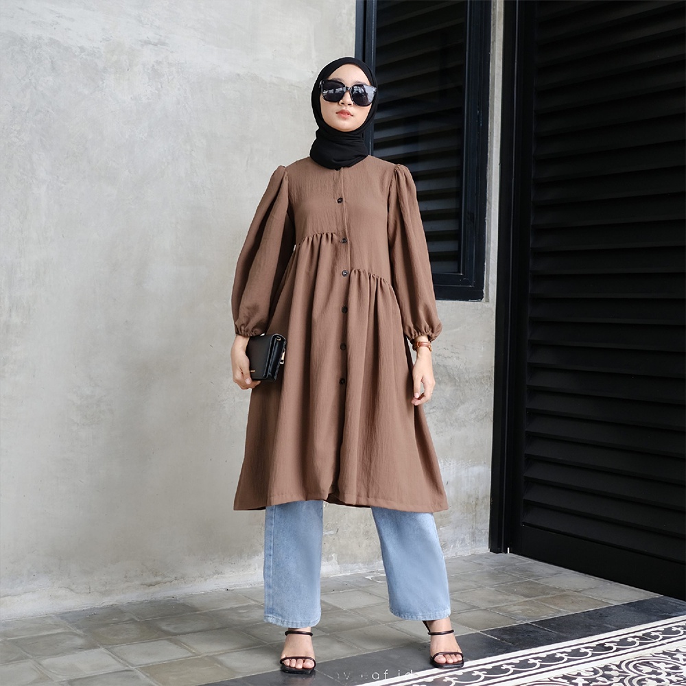 TUNIK CRINKLE AIRFLOW PUTIH POLOS KYRA CHARISSA CARISA RUFFLE PREMIUM JUMBO FULL KANCING