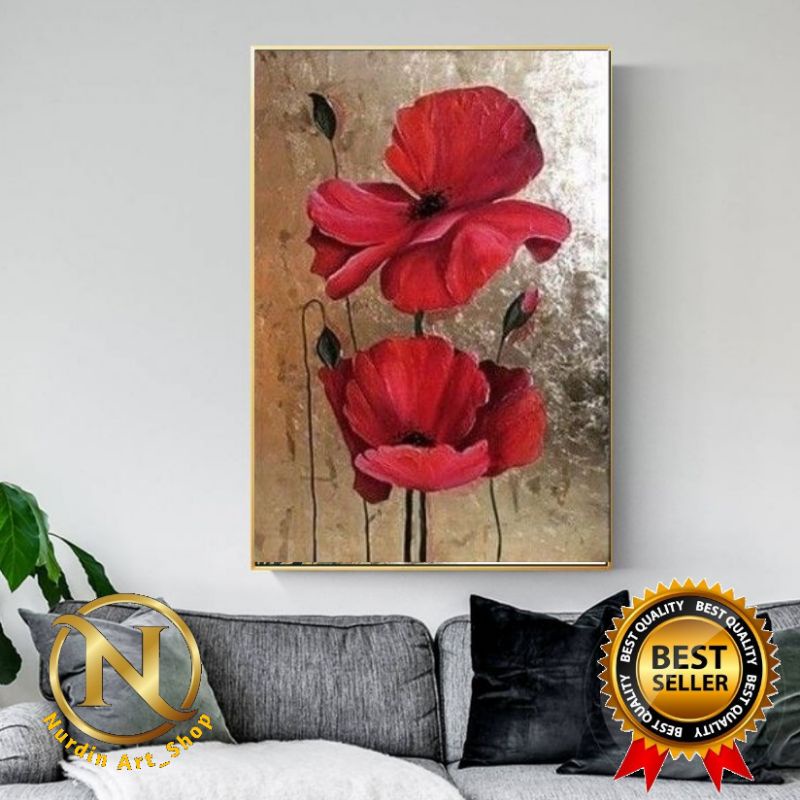 Lukisan Bunga Merah Modern Gold Plus Frame