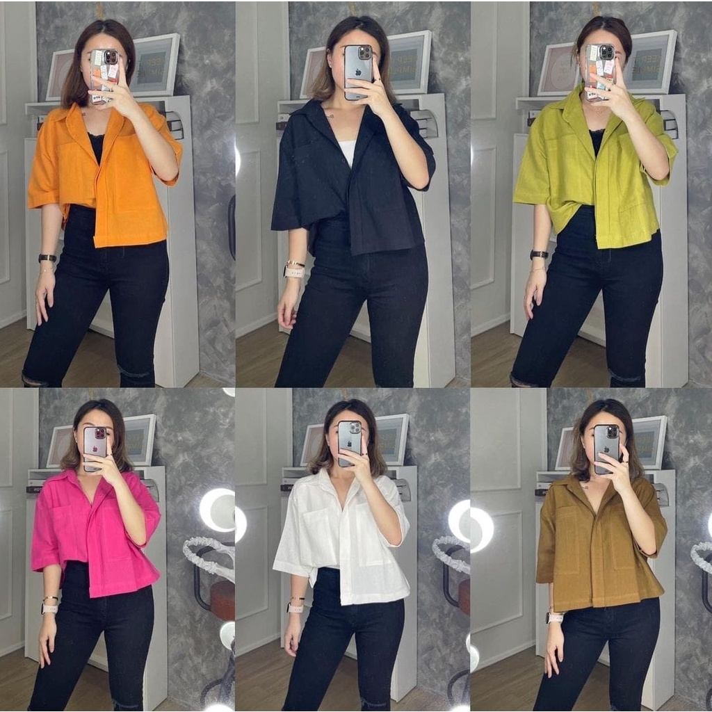 Tq88indonesia Fashion Baju Kemeja Wanita Lengan Pendek / Joanne Pocket Shirt / Kem / Hem Polos / Busana Casual Cewek / ootd Kasual Kekinian